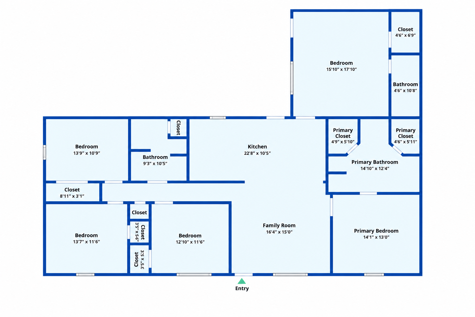 Floor plan of 2065 Pinemount Boulevard showing five bedrooms, three bathrooms, kitchen, family room, closets, and entry
