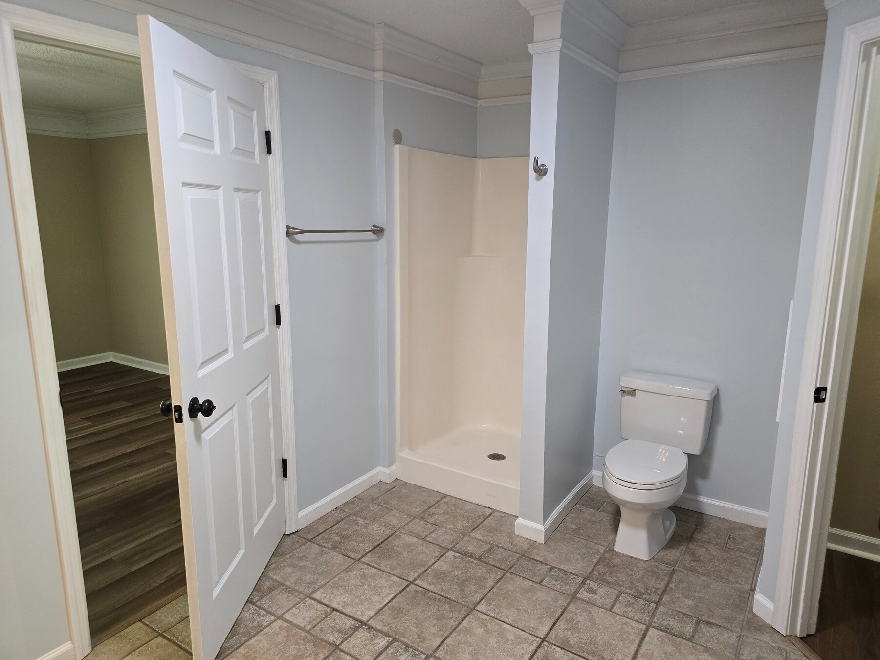 Bathroom with walk-in shower, toilet, and closet access